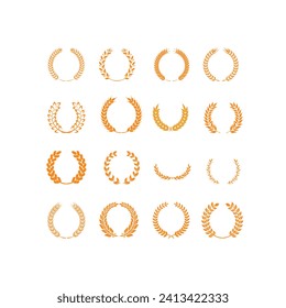Collection of silhouettes of distinct golden and white foliate laurel, wheat and oak wreaths depicting award, achievement, coat of arms, nobility. Vector illustration.