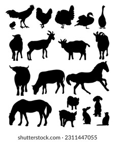 Collection silhouettes domestic farm animals and birds. Vector illustration. Isolated hand drawings animals on white background for design