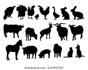 Collection silhouettes domestic farm animals and poultry birds. Vector illustration. Isolated hand drawings animals on white background for design.