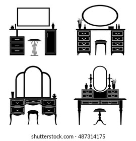 Collection of silhouettes of a dressing table. Template for stencils. A table for cosmetics. Vector illustration.