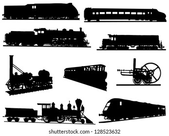 Collection of silhouettes of engines and trains