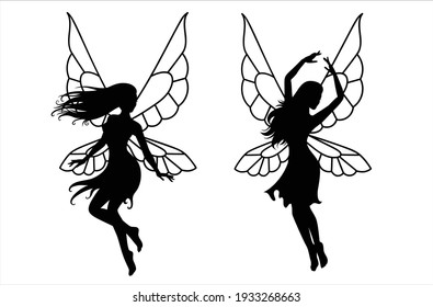 Collection of silhouettes of a fairy. Isolated on white. Vector illustration.