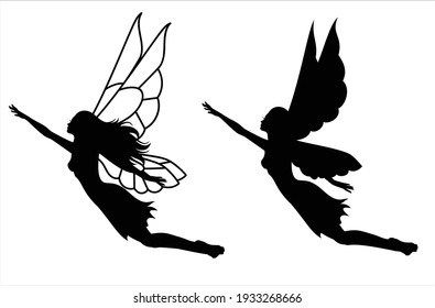 Collection of silhouettes of a fairy. Isolated on white. 