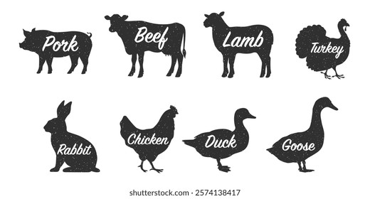 Collection of silhouettes of farm animals and birds with captions- cow, pig, sheep, rabbit, chicken, duck, turkey, goose. Animals side view. Vector illustration