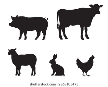 Collection of silhouettes of farm animals - cow, pig, sheep, rabbit, chicken. Animals side view. Vector illustration isolated on white background