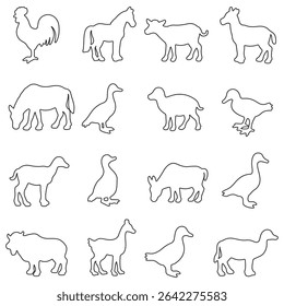 Collection of silhouettes of farm animals - cow, pig, sheep, rabbit, chicken, duck, turkey, goose. Animals side view. Illustration on transparent background