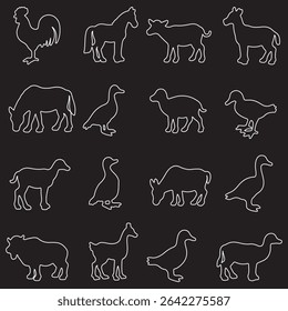 Collection of silhouettes of farm animals - cow, pig, sheep, rabbit, chicken, duck, turkey, goose. Animals side view. Illustration on transparent background