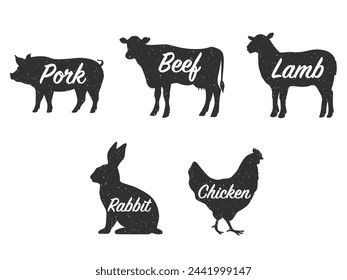 Colección de siluetas de animales de granja con un texto de carne de res, cerdo, cordero, conejo y pollo. Vista lateral plana con textura de animales. Ilustración vectorial aislada sobre fondo blanco