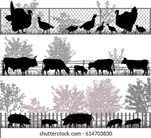 Collection of silhouettes of farm animals - turkeys, cows and pigs