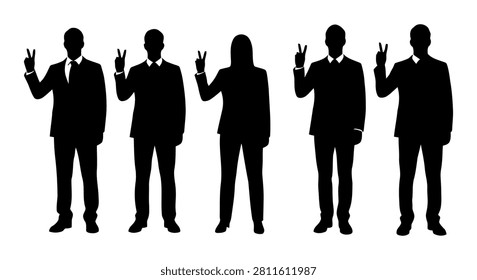 A collection of silhouettes featuring business professionals in suits, each making a peace sign gesture, isolated on a clean white background.