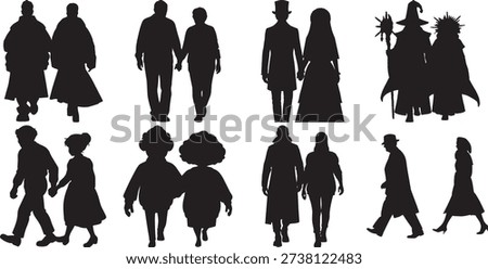 Collection of silhouettes featuring couples and individuals in various attire and poses. The images showcase diverse fashion styles, historical influences, and fantasy elements, walking together or alone, ideal for artistic and design purposes.