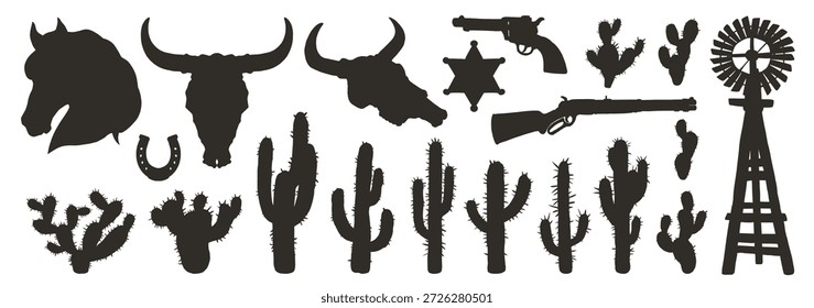 Una colección de siluetas con temas occidentales icónicos como caballos, ganado, armas de fuego, cactus y un molino de viento. Perfecto para inspiración de diseño o proyectos de temática occidental.