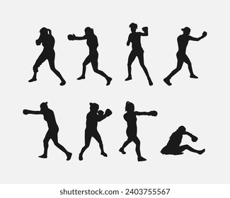 collection of silhouettes of female boxer with different pose, gesture. isolated on white background. vector illustration.