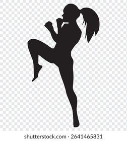 collection of silhouettes of female boxer with different pose, gesture. isolated on white background. vector illustration.