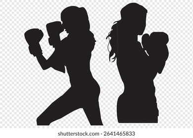 collection of silhouettes of female boxer with different pose, gesture. isolated on white background. vector illustration.