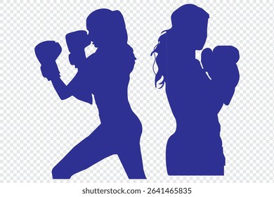 collection of silhouettes of female boxer with different pose, gesture. isolated on white background. vector illustration.