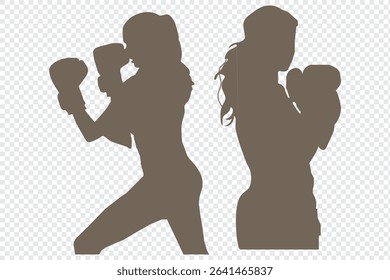 collection of silhouettes of female boxer with different pose, gesture. isolated on white background. vector illustration.