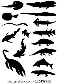 Collection of silhouettes of fishes and past amphibians