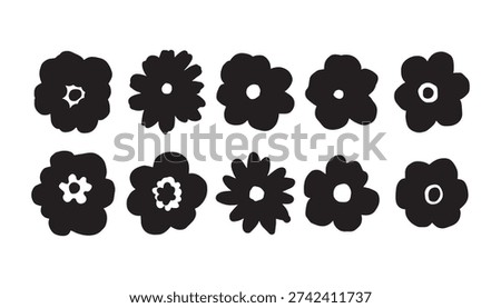 Collection of silhouettes Flower icon, Abstract botanical flower set. vector botany floral design.Elegant dark garden blossom shape bundle.