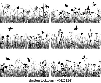 Collection of silhouettes of flowers and grasses