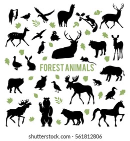 Collection of silhouettes of forest animals isolated on white background.