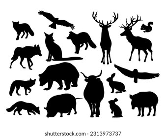 Collection silhouettes forest wild animals, predators and birds. Vector illustration. Isolated hand drawn black drawings of animals on white background