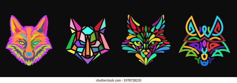 Kollektion Silhouetten von Fuchs oder Wolf Kopf in Farbe verschiedenen Stilen einzeln auf schwarzem Hintergrund. Modernes Grafikdesign für Etiketten, Druck oder Plakate. Vektorgrafik.