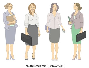 Collection. Silhouettes of a girl are standing in a modern single line style. Business woman with documents. Continuous line, aesthetic design outline, posters, stickers, logo. Vector illustration set