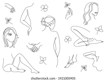 Collection. Silhouettes of a girl's body and leaves in a modern one line style. Continuous lady line drawing, outline for decor, posters, wall art, stickers, logo. Vector illustration set.