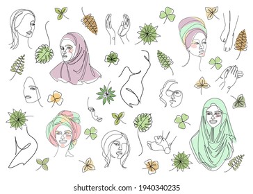 Collection. Silhouettes of the girl's head. Lady in a turban, scarf. Woman face in modern one line style. Solid line, contour for decor, posters, stickers, logo. Vector illustration set.