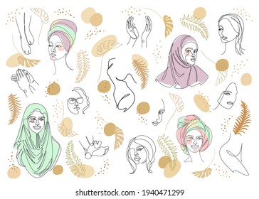 Collection. Silhouettes of the girl's head. Lady in a turban, scarf. Woman face in modern one line style. Solid line, contour for decor, posters, stickers, logo. Vector illustration set.