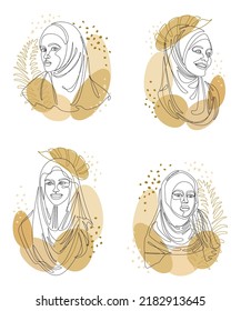 Collection. Silhouettes Of A Girl's Head And A Leaf Of A Plant. Lady Wearing Hijab, Scarf, Arabic Muslim Headdress, Headscarf. Female Face In Modern Single Line Style. Vector Illustration Set.
