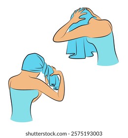 Collection. Silhouettes of a girl's head, she wipes her hair with a towel. A woman takes care of her body. Outline for decor, posters, stickers, logo. Vector illustrations set.