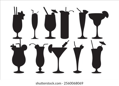 Collection of silhouettes of glasses with straws. Isolated vector art.