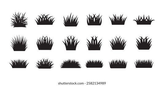 Collection of silhouettes grass icon on white background