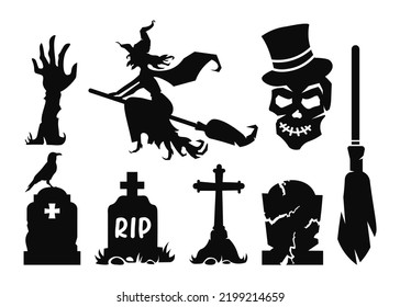 collection of silhouettes halloween graveyard witch on a broomstick