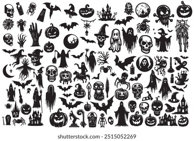 collection of silhouettes of Halloween. Horror set of Halloween sticker sketch set. Hand drawn doodle. Set of halloween and magic elements. Vector element 