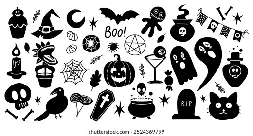 Collection of silhouettes of Halloween. Horror set of Halloween sticker sketch set. Hand drawn doodle.  Ghost, candle, spider, raven, bat, pumpkin, skeleton. For scrapbooking, sticker, card, poster.