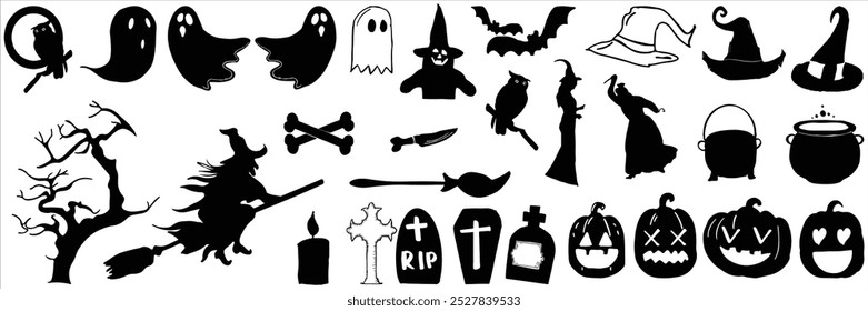 collection of silhouettes of Halloween. Horror set of Halloween sticker sketch set. Hand drawn doodle. Set of Halloween and magic elements. Vector element Logo, Pumpkins, ghosts, skull, isolated.