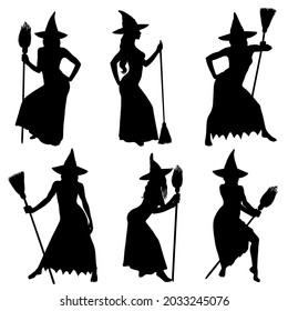 Collection of silhouettes of Halloween witches  standing with broomstick. Set of vector witch icons for Halloween design.