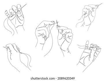 Collection. Silhouettes of hands of a man with a needle threading the eye of a needle in a modern style in one line. Solid line, sketches, posters, murals, stickers, logo. Vector illustration set.