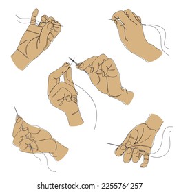 Collection. Silhouettes of hands of a man with a needle threading the eye of a needle in a modern style in one line. Solid line, sketches, posters, murals, stickers, logo. Vector illustration set