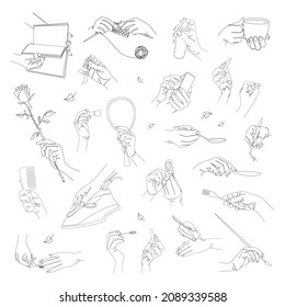 Collection. Silhouettes of hands in a person's life: with a phone, a cup, a pen in a modern one line style. Solid line, outline for decor, posters, wall art, stickers, logo. Set of vector illustration