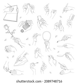 Collection. Silhouettes of hands in a person's life: with a phone, a cup, a pen in a modern one line style. Solid line, outline for decor, posters, wall art, stickers, logo. Set of vector illustration