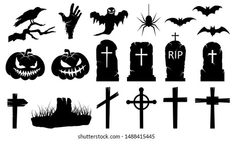 Collection silhouettes Happy Halloween on white background. Set of halloween vector icon.