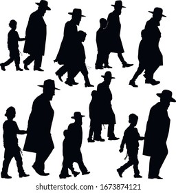 A collection of silhouettes of Hasidic Jews in national clothes. A man with a child. Isolated vector illustration. Black on white.