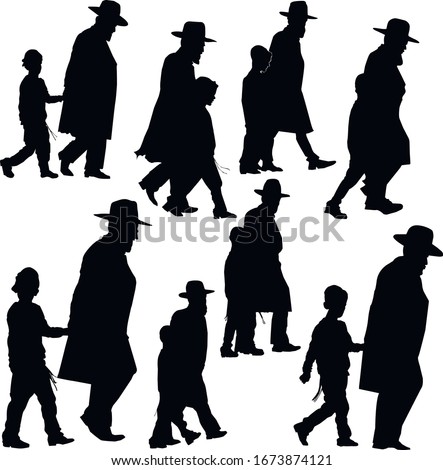 A collection of silhouettes of Hasidic Jews in national clothes. A man with a child. Isolated vector illustration. Black on white. ストックフォト © 