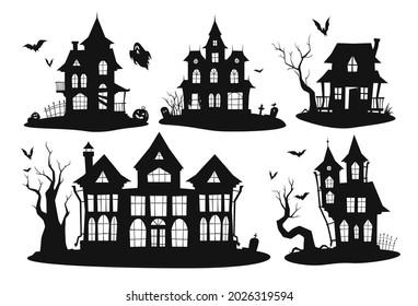 Collection silhouettes of haunted houses vector flat illustration. Set of scary house with bat, ghost and pumpkin isolated. Exterior of monochrome spooky building for Halloween. Mythical and monsters