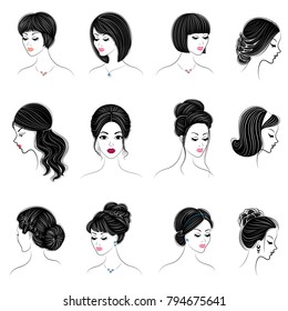 Collection. Silhouettes of a head of lovely ladies. Girls show different types of hairstyles with short, medium and long hair. Women are beautiful and stylish. Vector illustration set.