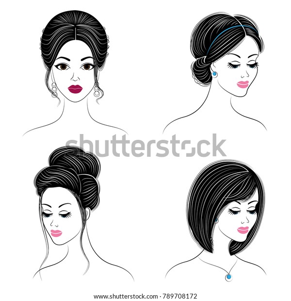 Collection Silhouettes Head Lovely Ladies Girls Stock Vector